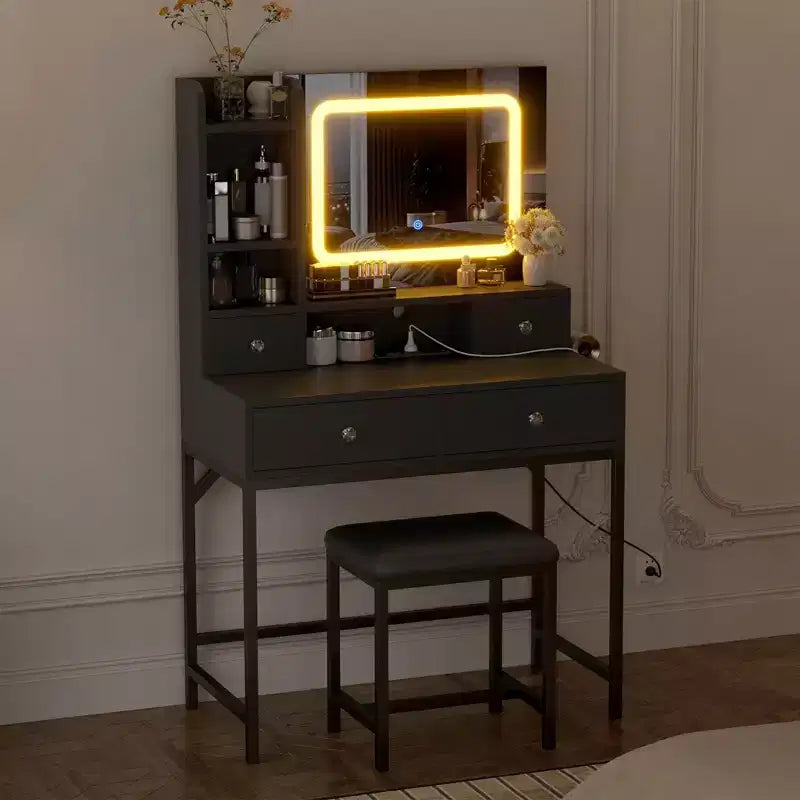 Coiffeuse avec miroir et lumières, tabouret, station de recharge, tiroirs et étagères de rangement pour chambre à coucher