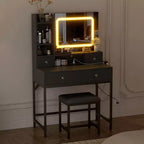 Coiffeuse avec miroir et lumières, tabouret, station de recharge, tiroirs et étagères de rangement pour chambre à coucher