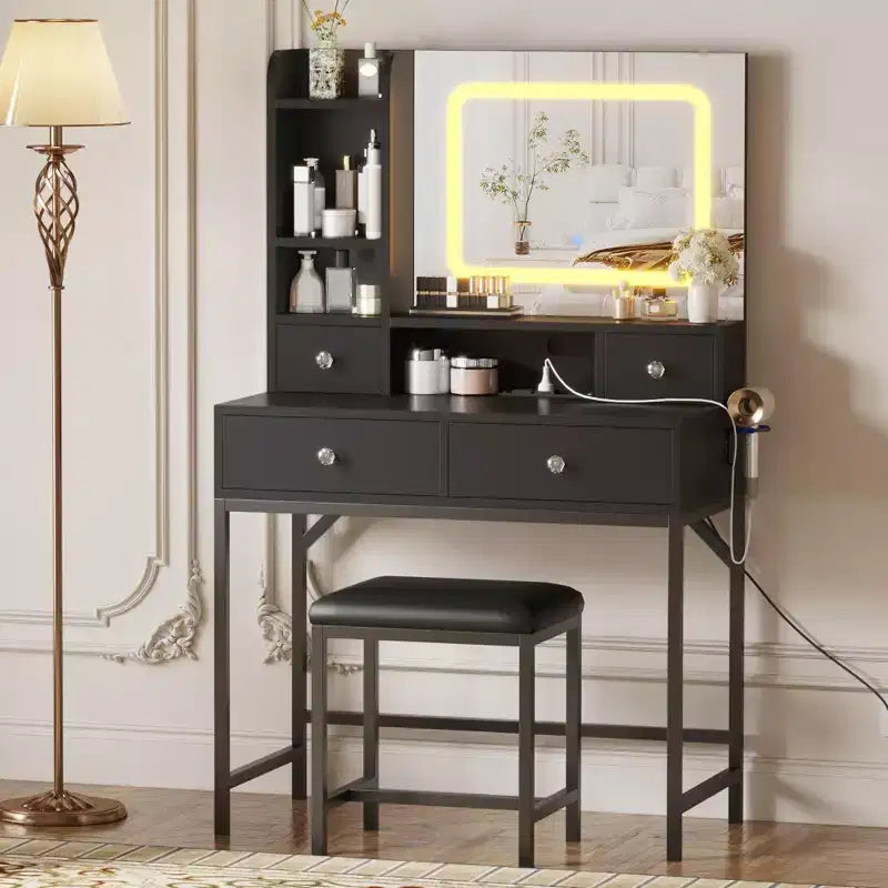 Coiffeuse avec miroir et lumières, tabouret, station de recharge, tiroirs et étagères de rangement pour chambre à coucher