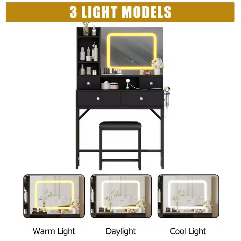 Coiffeuse avec miroir et lumières, tabouret, station de recharge, tiroirs et étagères de rangement pour chambre à coucher