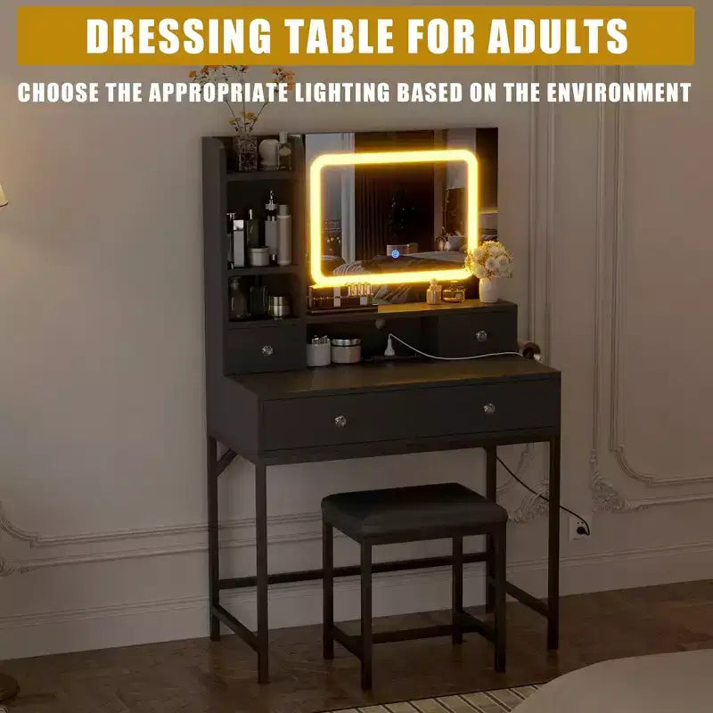 Coiffeuse avec miroir et lumières, tabouret, station de recharge, tiroirs et étagères de rangement pour chambre à coucher