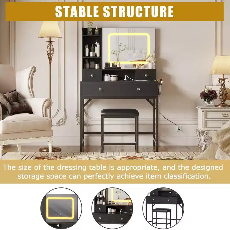 Coiffeuse avec miroir et lumières, tabouret, station de recharge, tiroirs et étagères de rangement pour chambre à coucher