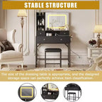 Coiffeuse avec miroir et lumières, tabouret, station de recharge, tiroirs et étagères de rangement pour chambre à coucher