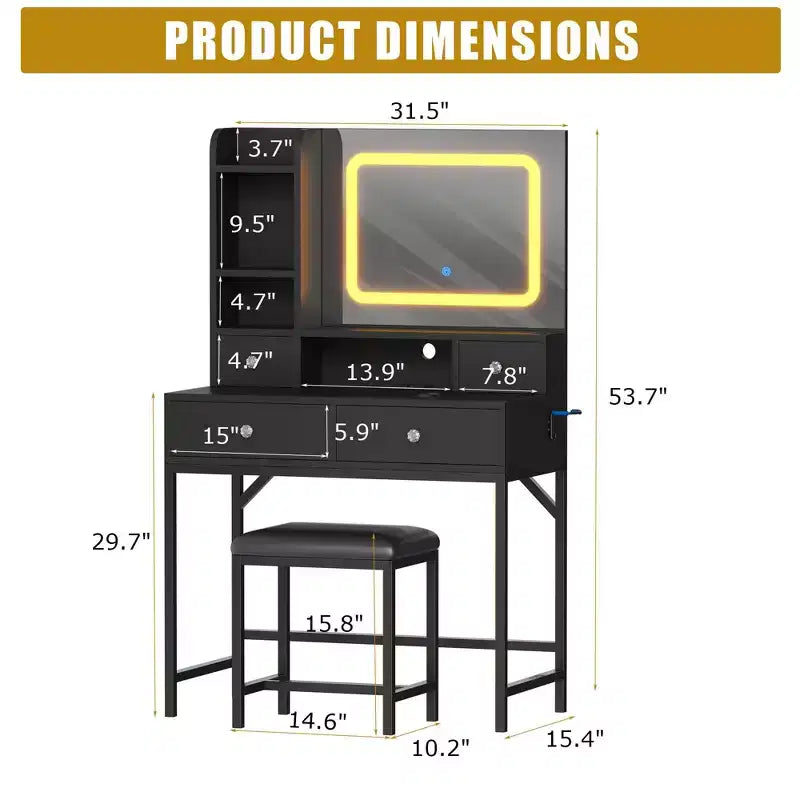 Coiffeuse avec miroir et lumières, tabouret, station de recharge, tiroirs et étagères de rangement pour chambre à coucher