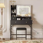 Vanity Desk and Stool with Mirror and LightsMakeup Vanity with Charging Station, Drawers, Storage Shelves for Bedroom