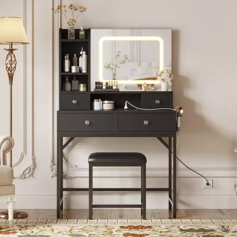 Vanity Desk and Stool with Mirror and LightsMakeup Vanity with Charging Station, Drawers, Storage Shelves for Bedroom