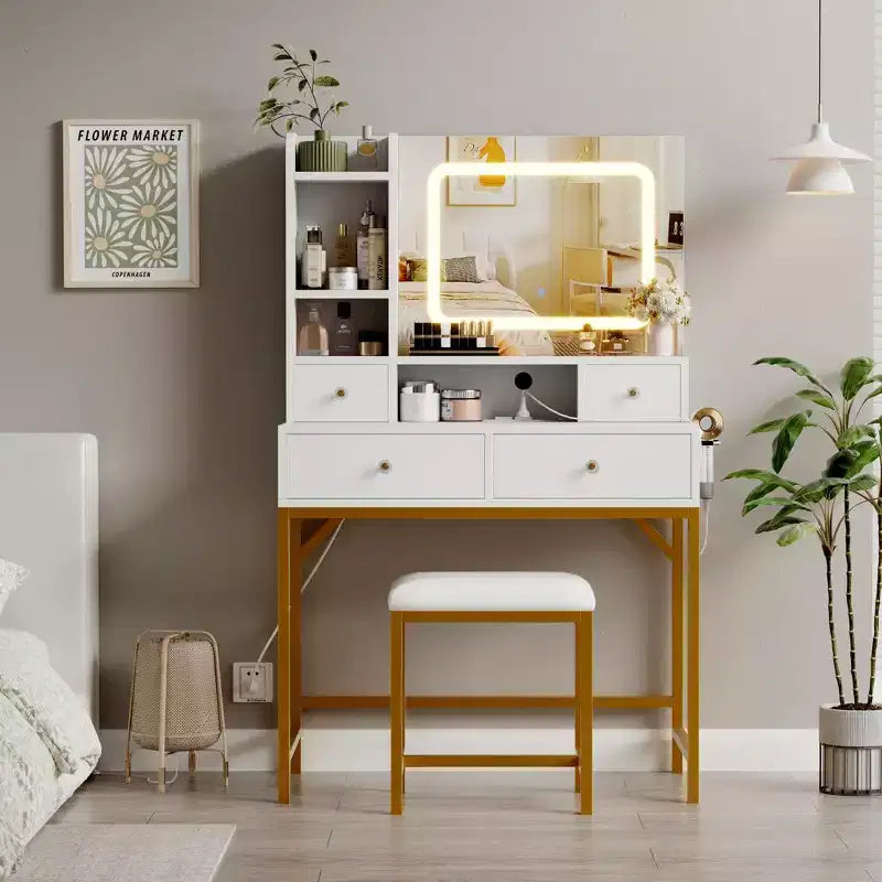 Coiffeuse avec miroir et lumières, tabouret, station de recharge, tiroirs et étagères de rangement pour chambre à coucher