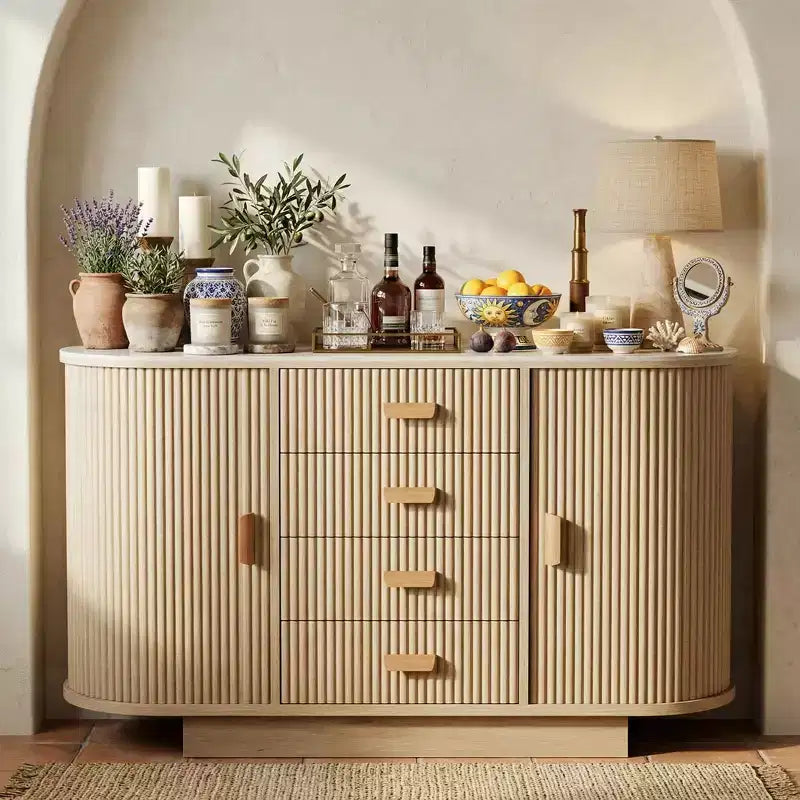 47 Sideboard Buffet Cabinet with Storage, Fluted Coffee Bar Cabinet with 4 Drawers and 2 Arched Sliding Doors, Modern Wood Storage Buffet Table