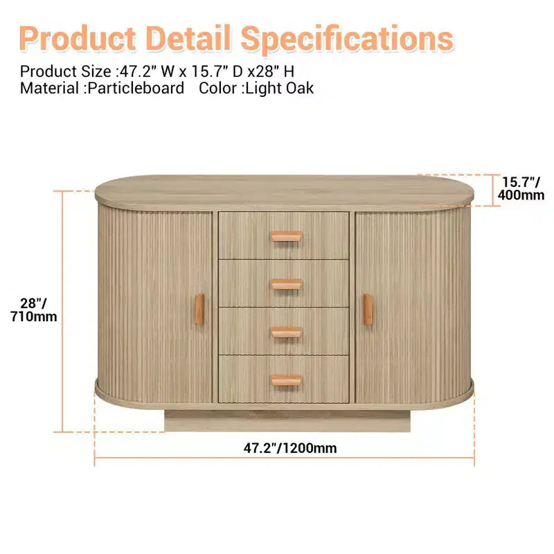 Buffet de salle à manger 47 po avec rangement, meuble bar à café cannelé avec 4 tiroirs et 2 portes coulissantes arquées, buffet de rangement moderne en bois