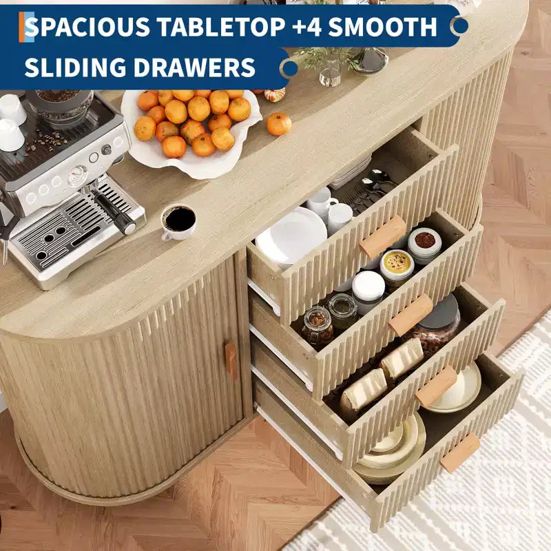 Buffet de salle à manger 47 po avec rangement, meuble bar à café cannelé avec 4 tiroirs et 2 portes coulissantes arquées, buffet de rangement moderne en bois