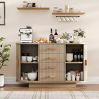 Buffet de salle à manger 47 po avec rangement, meuble bar à café cannelé avec 4 tiroirs et 2 portes coulissantes arquées, buffet de rangement moderne en bois