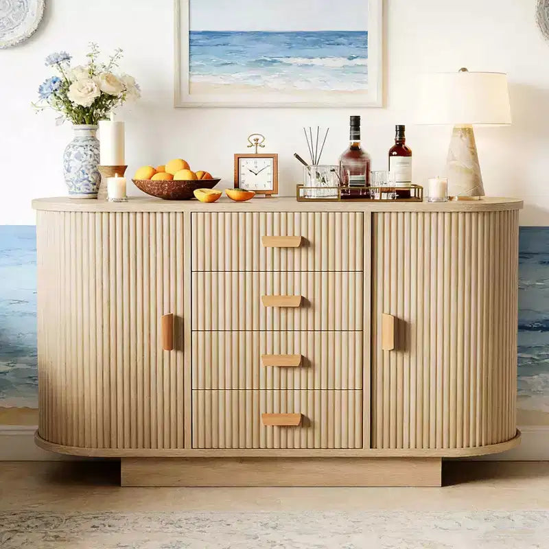 Buffet de salle à manger 47 po avec rangement, meuble bar à café cannelé avec 4 tiroirs et 2 portes coulissantes arquées, buffet de rangement moderne en bois