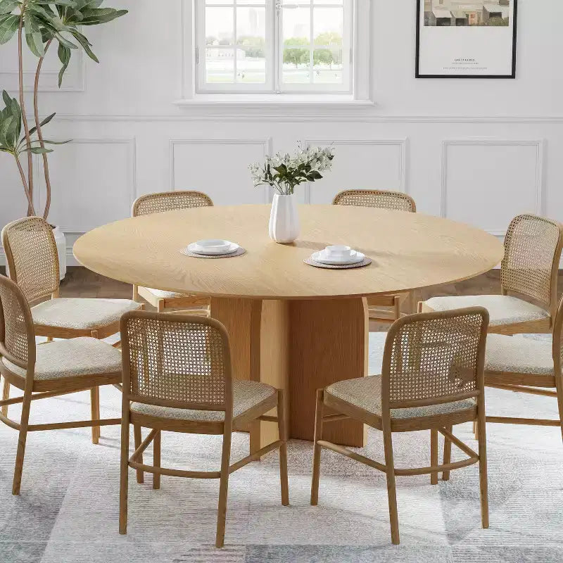 Table à manger ronde en bois massif 59 x 59 avec finition naturelle et pieds arqués élégants pour salles à manger et cuisines modernes