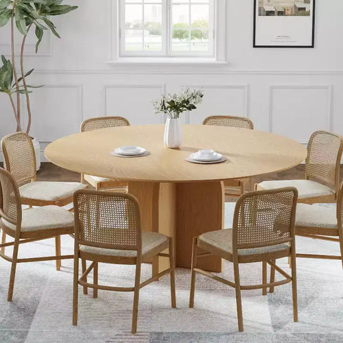 Table à manger ronde en bois massif 59 x 59 avec finition naturelle et pieds arqués élégants pour salles à manger et cuisines modernes