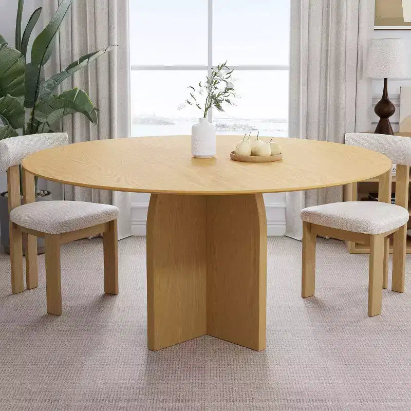 Table à manger ronde en bois massif 59 x 59 avec finition naturelle et pieds arqués élégants pour salles à manger et cuisines modernes