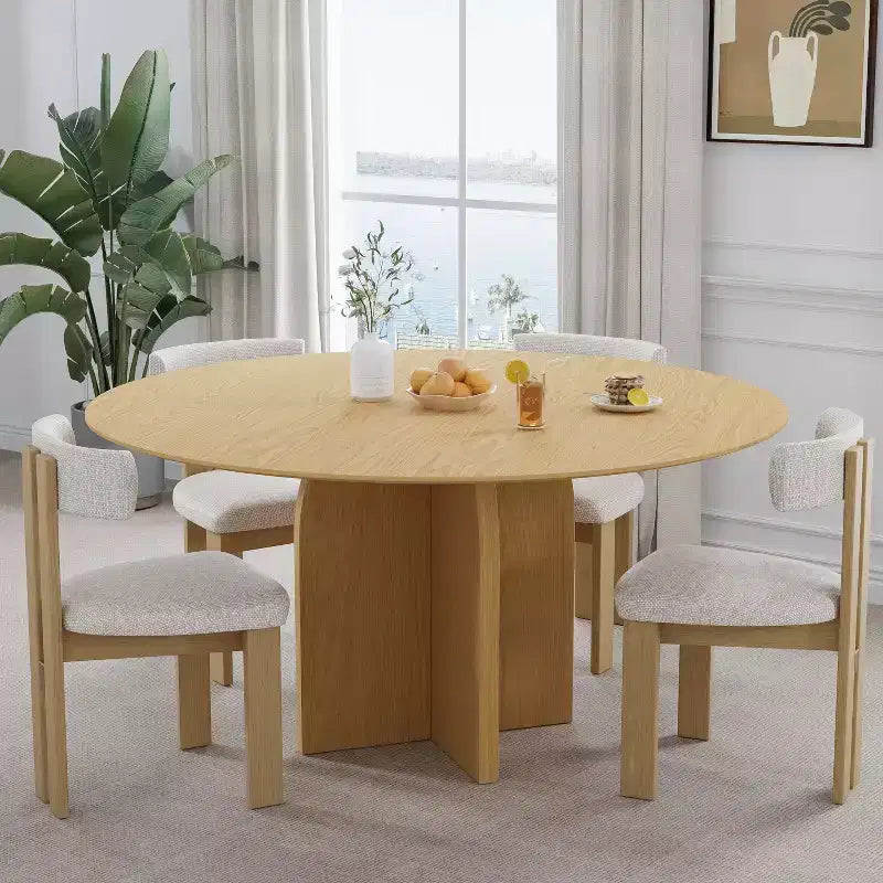 Table à manger ronde en bois massif 59 x 59 avec finition naturelle et pieds arqués élégants pour salles à manger et cuisines modernes
