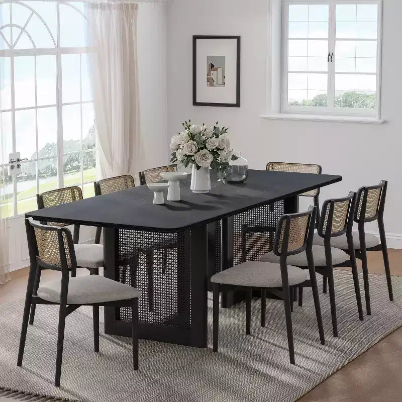 PexFix 79 x 33.5 Farmhouse Kitchen Dining Room Table Furniture Square Black Kitchen Table with Rattan Woven Legs for Kitchen Bar Living Room