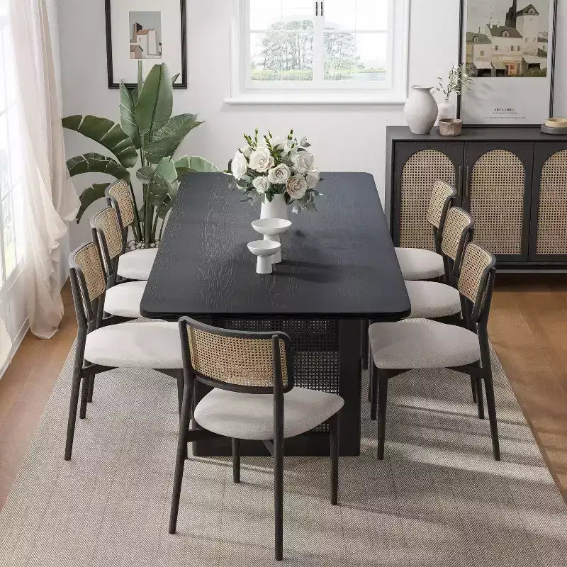 Table à manger de cuisine style ferme 79 x 33,5 po, table de cuisine carrée noire avec pieds en rotin tressé pour cuisine, bar, salon