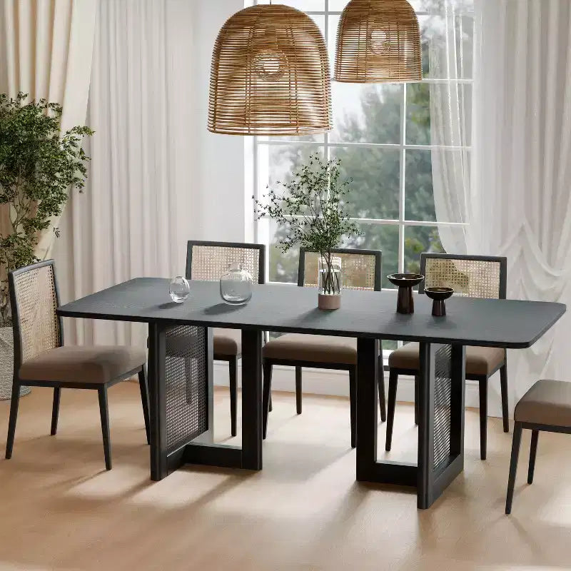 Table à manger de cuisine style ferme 79 x 33,5 po, table de cuisine carrée noire avec pieds en rotin tressé pour cuisine, bar, salon
