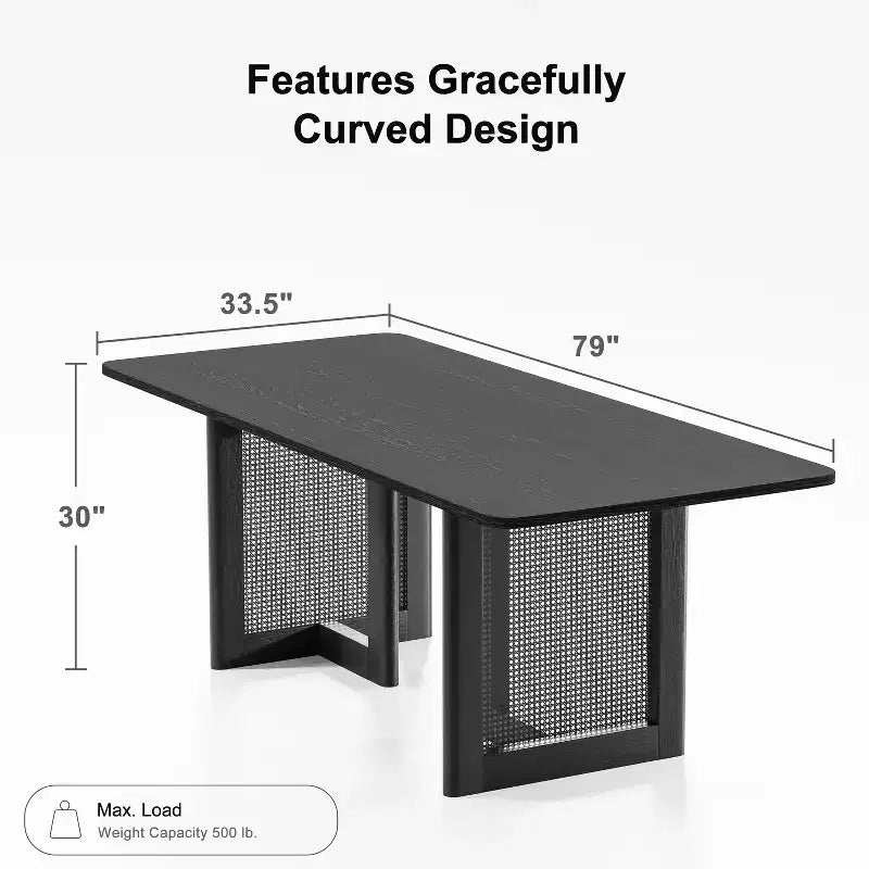 Table à manger de cuisine style ferme 79 x 33,5 po, table de cuisine carrée noire avec pieds en rotin tressé pour cuisine, bar, salon
