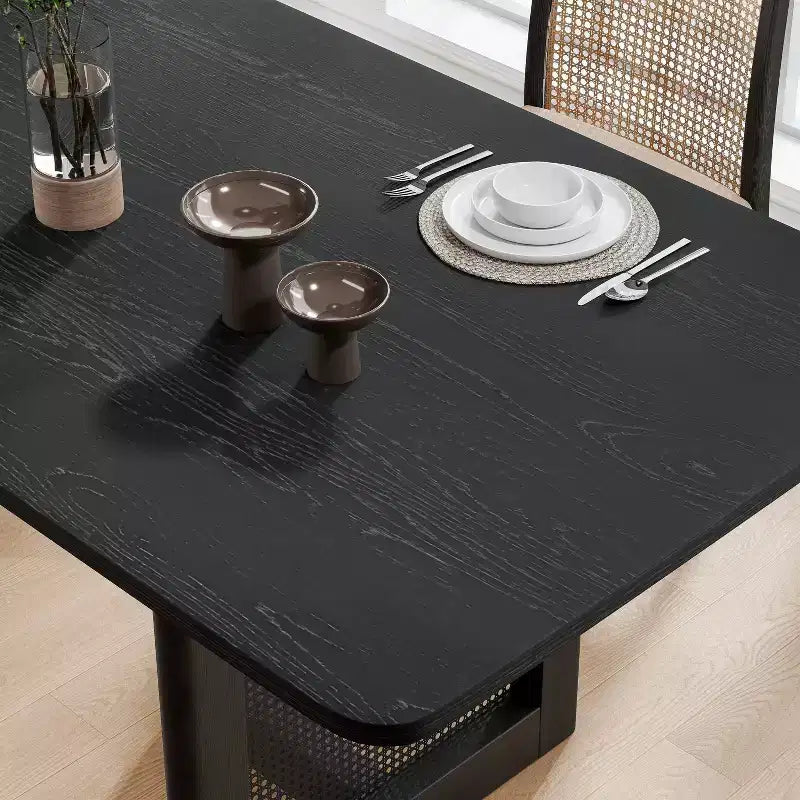 Table à manger de cuisine style ferme 79 x 33,5 po, table de cuisine carrée noire avec pieds en rotin tressé pour cuisine, bar, salon