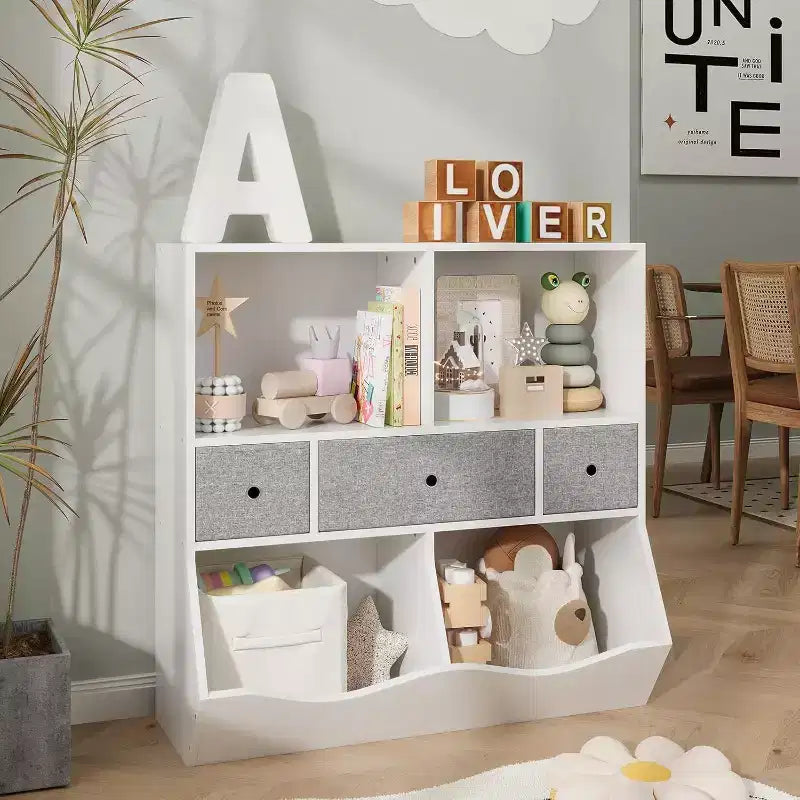 Acekool Kids Toy Storage Organizer, Bookshelf with Shelves, Bins and Drawers, Child-Safe Storage Cabinet for Playroom or Bedroom, 37 x 15 x 37 Inch