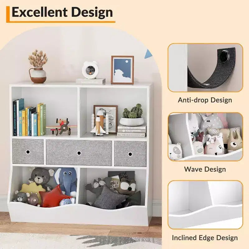 Organisateur de rangement de jouets pour enfants, bibliothèque avec étagères, bacs et tiroirs, meuble de rangement sécurisé pour enfants pour salle de jeux ou chambre à coucher, 94 x 38 x 94 cm