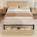 TROPOW Rattan Bed Frame Bed Frame with 2 Drawers, Wooden Platform Bed with Rattan Headboard, Storage Bed Frame, No Box Spring Needed, Natural Oak