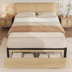 TROPOW Rattan Bed Frame Bed Frame with 2 Drawers, Wooden Platform Bed with Rattan Headboard, Storage Bed Frame, No Box Spring Needed, Natural Oak