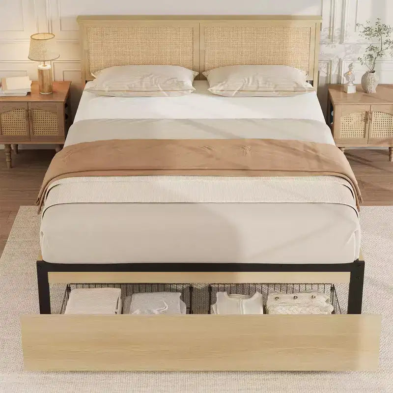 TROPOW Rattan Bed Frame Bed Frame with 2 Drawers, Wooden Platform Bed with Rattan Headboard, Storage Bed Frame, No Box Spring Needed, Natural Oak