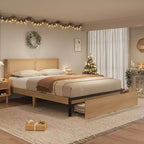 Lit en rotin avec 2 tiroirs, lit plateforme en bois avec tête de lit en rotin, lit de rangement, pas besoin de sommier tapissier, chêne naturel