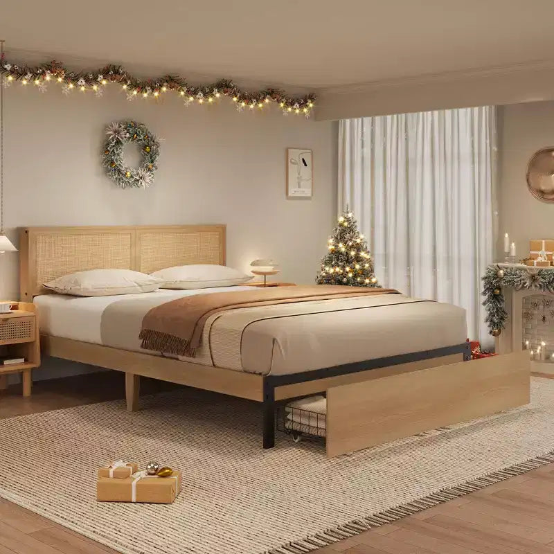 Lit en rotin avec 2 tiroirs, lit plateforme en bois avec tête de lit en rotin, lit de rangement, pas besoin de sommier tapissier, chêne naturel