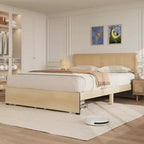 Lit en rotin avec 2 tiroirs, lit plateforme en bois avec tête de lit en rotin, lit de rangement, pas besoin de sommier tapissier, chêne naturel
