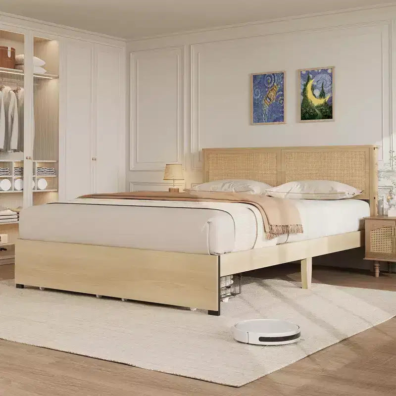Lit en rotin avec 2 tiroirs, lit plateforme en bois avec tête de lit en rotin, lit de rangement, pas besoin de sommier tapissier, chêne naturel