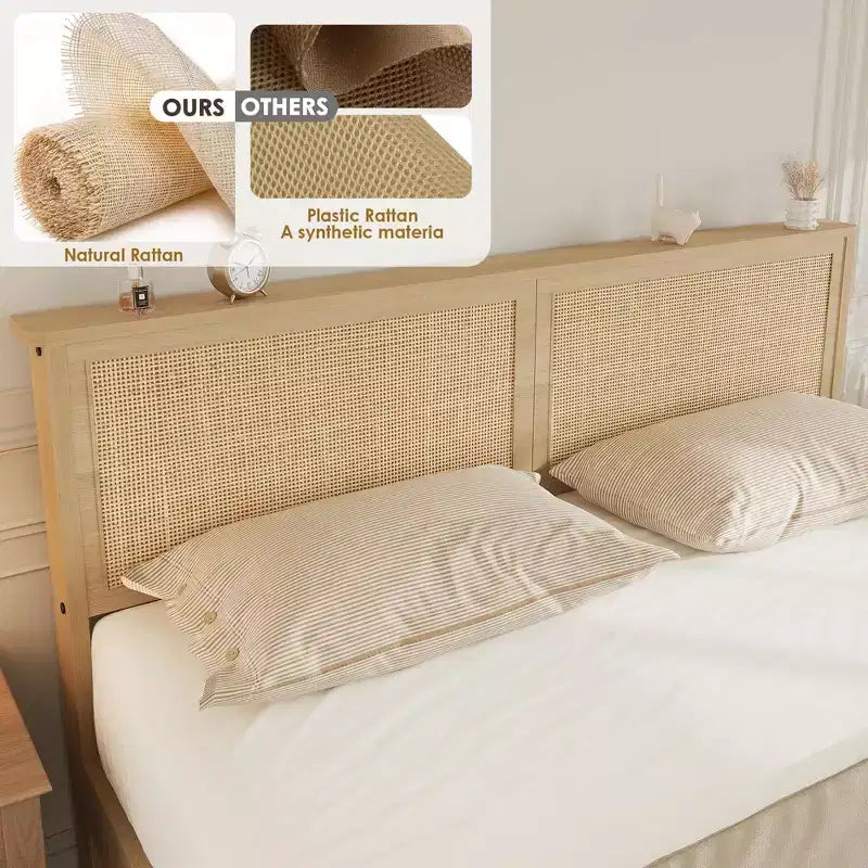 Lit en rotin avec 2 tiroirs, lit plateforme en bois avec tête de lit en rotin, lit de rangement, pas besoin de sommier tapissier, chêne naturel