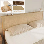 Lit en rotin avec 2 tiroirs, lit plateforme en bois avec tête de lit en rotin, lit de rangement, pas besoin de sommier tapissier, chêne naturel