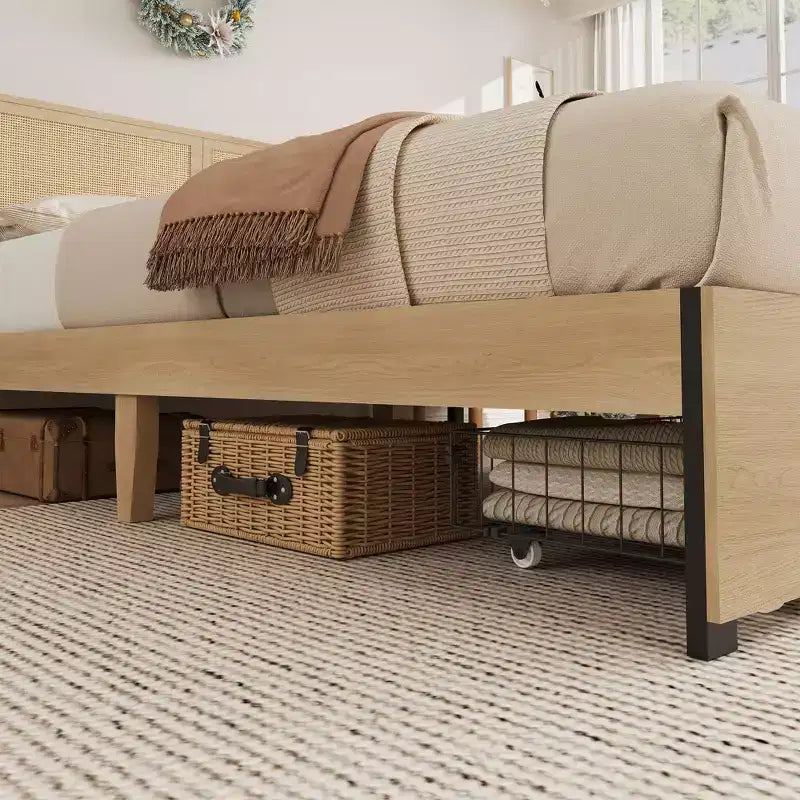 Lit en rotin avec 2 tiroirs, lit plateforme en bois avec tête de lit en rotin, lit de rangement, pas besoin de sommier tapissier, chêne naturel