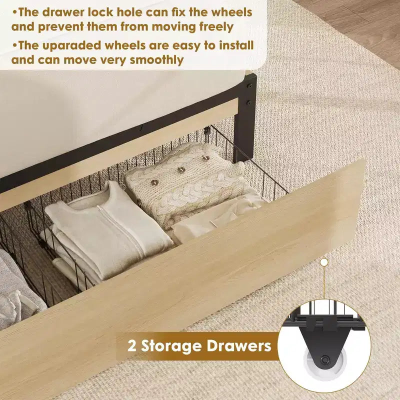 Lit en rotin avec 2 tiroirs, lit plateforme en bois avec tête de lit en rotin, lit de rangement, pas besoin de sommier tapissier, chêne naturel