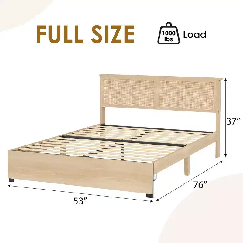 Lit en rotin avec 2 tiroirs, lit plateforme en bois avec tête de lit en rotin, lit de rangement, pas besoin de sommier tapissier, chêne naturel