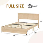 Lit en rotin avec 2 tiroirs, lit plateforme en bois avec tête de lit en rotin, lit de rangement, pas besoin de sommier tapissier, chêne naturel