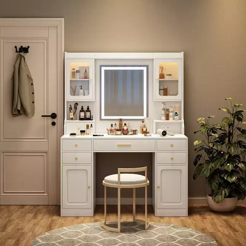 GDFStudio Velmora Modern Mirror Vanity Table with Lights, 6 Drawers, 4 Lockers and Shelves
