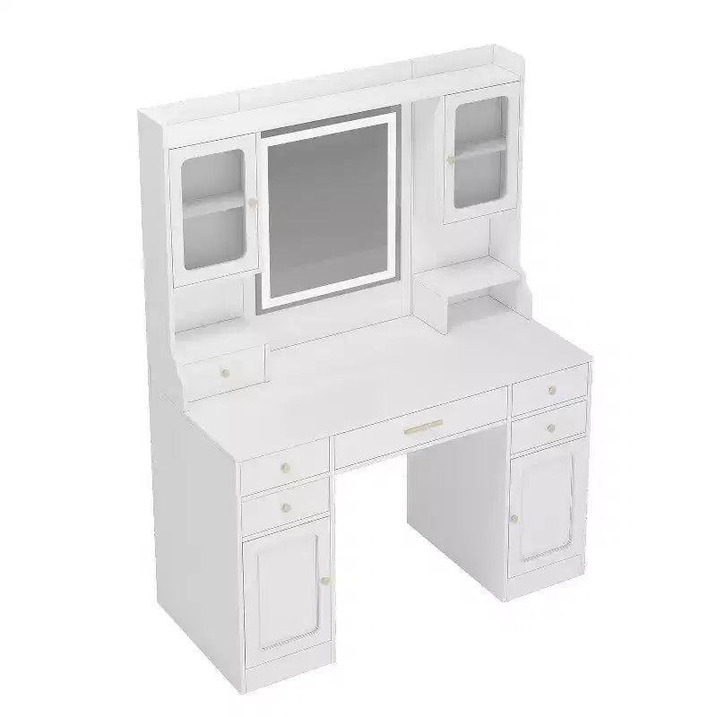 Coiffeuse moderne avec miroir, lumières, 6 tiroirs, 4 casiers et étagères
