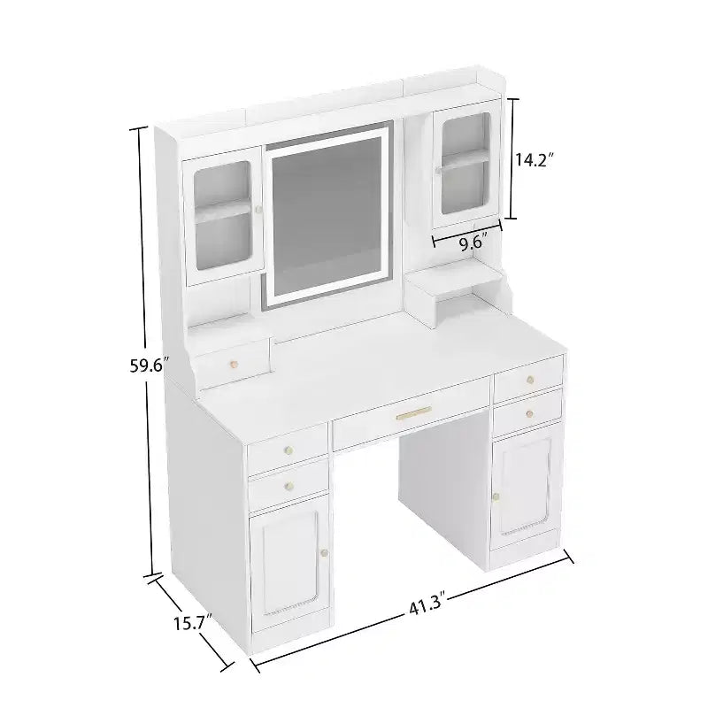 Coiffeuse moderne avec miroir, lumières, 6 tiroirs, 4 casiers et étagères