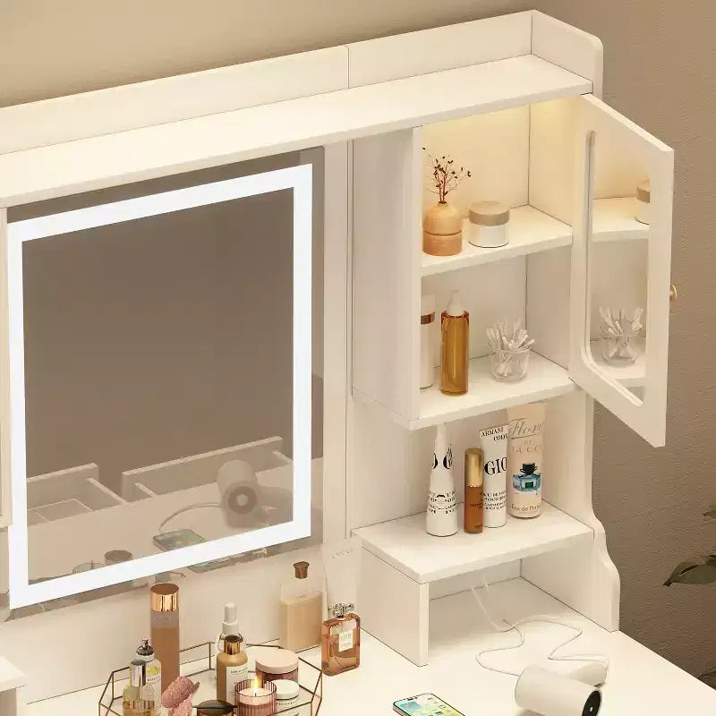 Coiffeuse moderne avec miroir, lumières, 6 tiroirs, 4 casiers et étagères