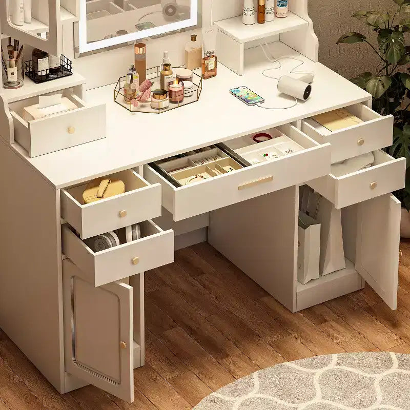 Coiffeuse moderne avec miroir, lumières, 6 tiroirs, 4 casiers et étagères