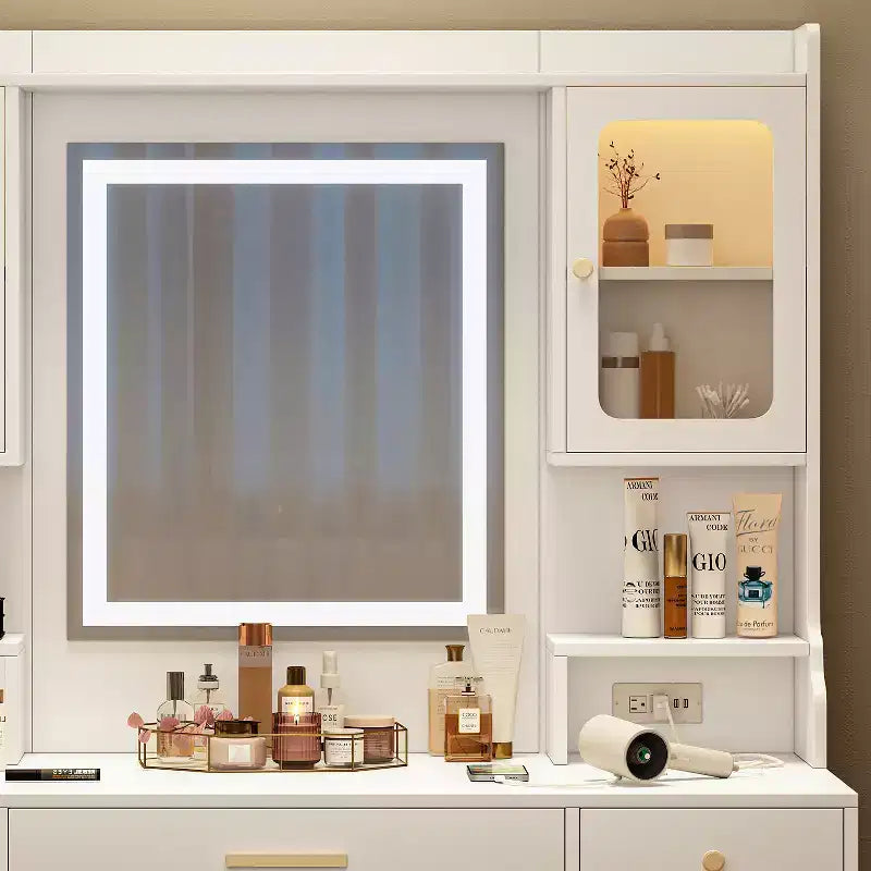 Coiffeuse moderne avec miroir, lumières, 6 tiroirs, 4 casiers et étagères