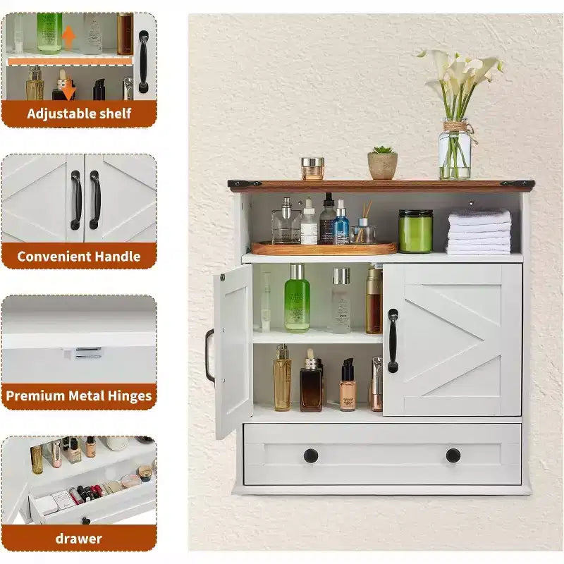 Meuble de salle de bain mural avec portes coulissantes de style grange, armoire de toilette au-dessus des WC avec étagère réglable, armoire de rangement suspendue pour salle de bain, cuisine
