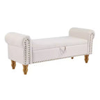 HomeRoots 55 Beige and Brown Linen and Solid Wood Upholstered Storage Bench With Flip Top