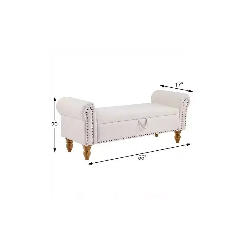 Banc de rangement capitonné en lin beige et marron et bois massif avec couvercle à charnière de 55 po