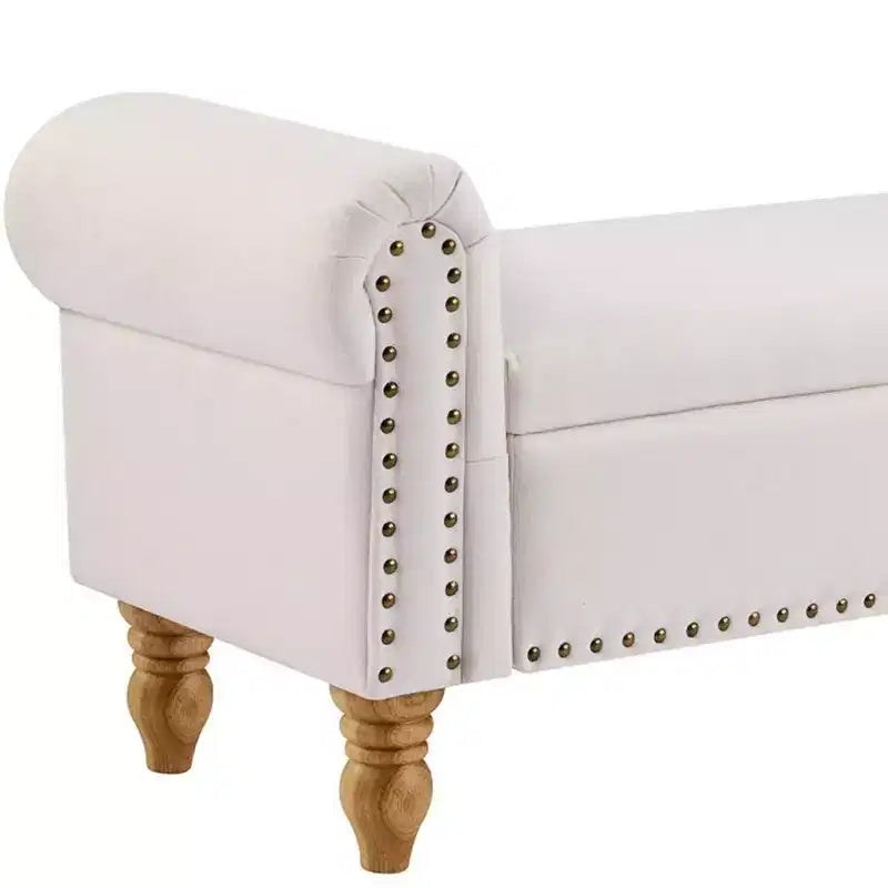 Banc de rangement capitonné en lin beige et marron et bois massif avec couvercle à charnière de 55 po